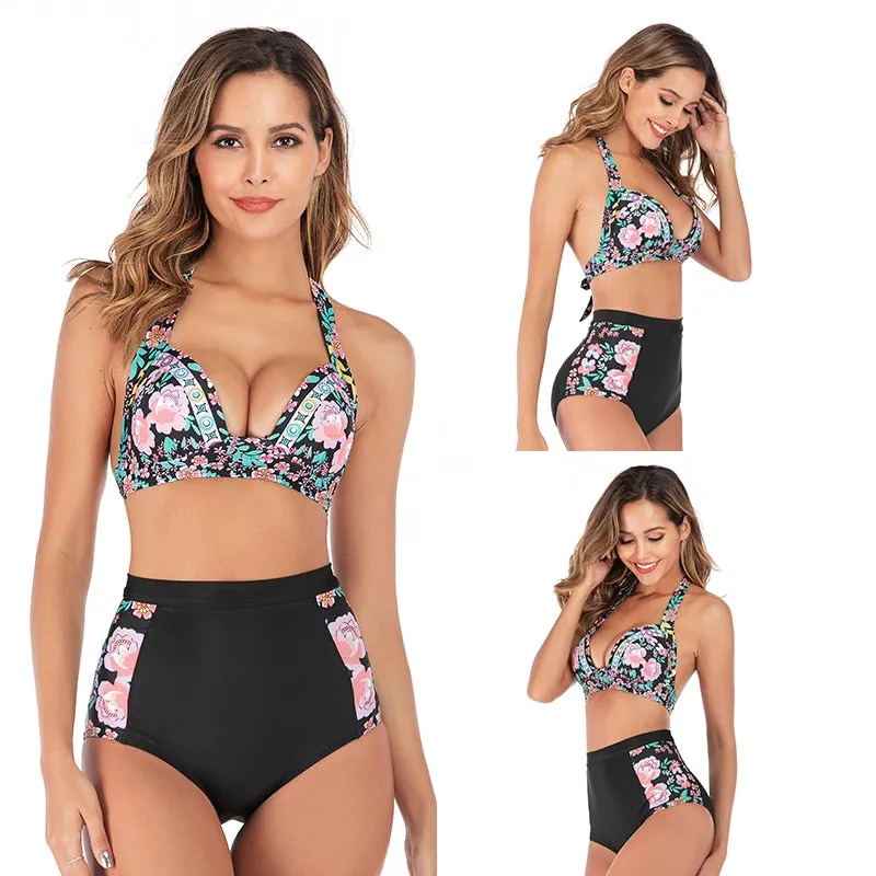 2 Piece High waist bikini set Halter bathing suit swimsuit Plus size bikini Floral print swimwear